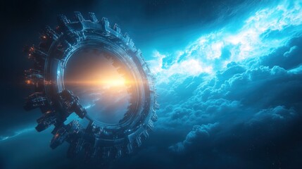 Wall Mural - Futuristic spaceship near nebula. Glowing ring detail