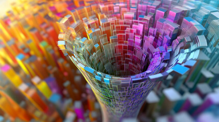 Poster - Digital field and dot structure 3D illustration. Coded funnel of clusters. Sorting data. Big data analytics flow. Classification of information. Calculation algorithms