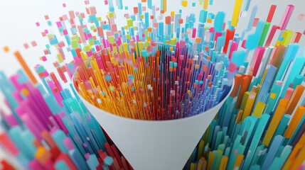 Poster - Digital field and dot structure 3D illustration. Coded funnel of clusters. Sorting data. Big data analytics flow. Classification of information. Calculation algorithms