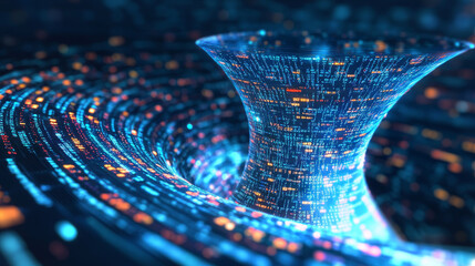 Poster - Digital field and dot structure 3D illustration. Coded funnel of clusters. Sorting data. Big data analytics flow. Classification of information. Calculation algorithms