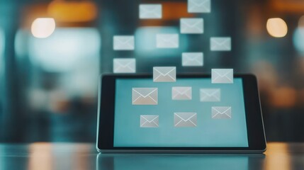 Poster - Digital tablet with floating email icons illustrating concept of communication and technology in modern lifestyle