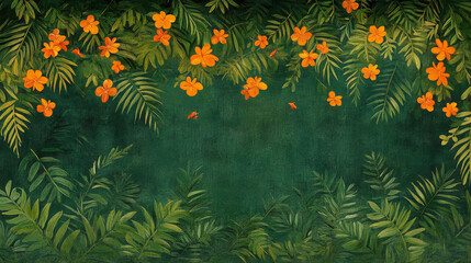 Wall Mural - orange flowers and green leaves create vibrant scene