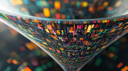 Poster - Digital field and dot structure 3D illustration. Coded funnel of clusters. Sorting data. Big data analytics flow. Classification of information. Calculation algorithms