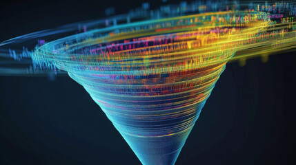 Poster - Digital field and dot structure 3D illustration. Coded funnel of clusters. Sorting data. Big data analytics flow. Classification of information. Calculation algorithms