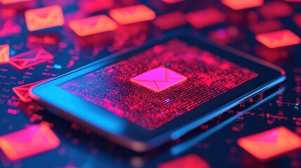 Poster - Modern digital communication concept with smartphone displaying email icon over vibrant glowing binary background