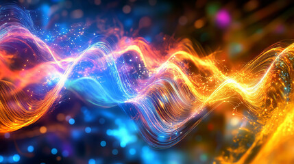 Poster - Big data cyber stream 3D illustration. Rhythmic waves of electrical impulses in a neural network. Sound and particles of musical rhythm. Blurred bokeh emotion in digital code space