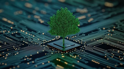 Poster - Green Tree on Microchip Background Symbolizing Technology and Nature Harmony in Digital Landscape