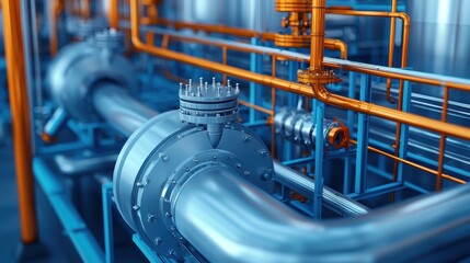 Poster - Industrial Pipes and Valves in a Modern Factory Setting Featuring Blue and Orange Color Schemes