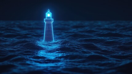 Poster - Digital Lighthouse in Ocean at Night, Glowing Blue 3D Render of Beacon Over Water Surface