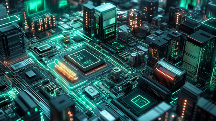 Poster - Cyber architecture 3D illustration. Nano, neuro technologies, internet structures. Microchip, circuit, smart object. Quantum Processor and Big Data Analysis