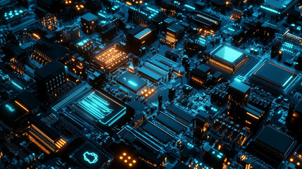 Poster - Cyber architecture 3D illustration. Nano, neuro technologies, internet structures. Microchip, circuit, smart object. Quantum Processor and Big Data Analysis
