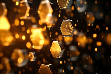 Poster - Golden hexagons floating in dark space with bokeh.