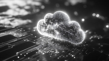 Poster - Big data 3D illustration. Neural network and cloud technologies. Global database and artificial intelligence. Bright, black and white background with bokeh effect