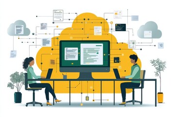 Poster - Two professionals collaborating using cloud-based technology and interconnected digital networks