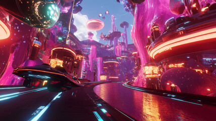 Poster - Neon light, ultraviolet. Cyberspace and virtual reality 3d illustration. Inside spacecraft. Fantastic tunnel, digital city, binary code. Quantum processor and future technologies