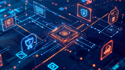 Poster - Cyberspace and artificial intelligence 3D illustration. Digital technology and data security. Computer circuit and quantum processor concept