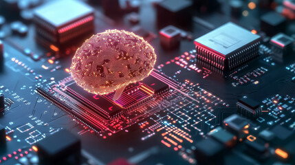 Poster - Cyberspace and artificial intelligence 3D illustration. Digital technology and data security. Computer circuit and quantum processor concept