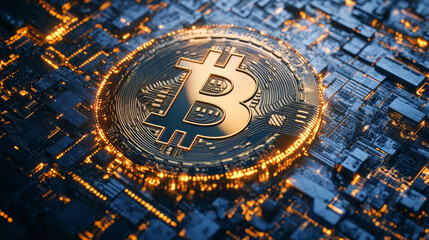 Poster - Bitcoin symbol. Concept of cryptocurrency mining. 3D illustration on a technological background