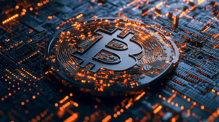 Poster - Bitcoin symbol. Concept of cryptocurrency mining. 3D illustration on a technological background