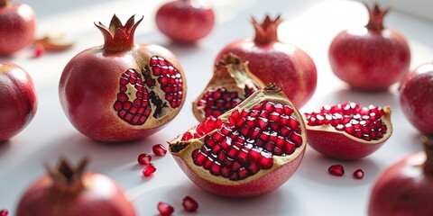Poster - juicy pomegranates displayed on a bright surface with some cut open revealing vibrant seeds