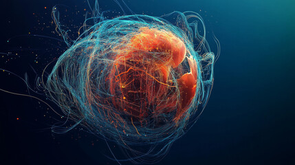 Poster - Big Data concept. Cyberspace planet. Global communication. 3d illustration on a dark blue background