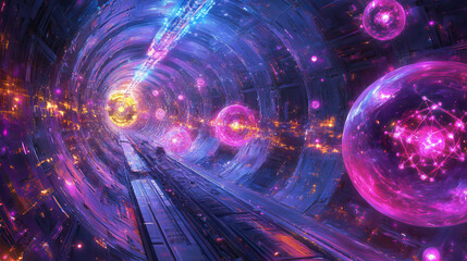 Poster - Atom 3d illustration. Neon light and ultraviolet. Inside spacecraft. Fantastic tunnel and cyberspace. Hadron Collider and Future Technologies