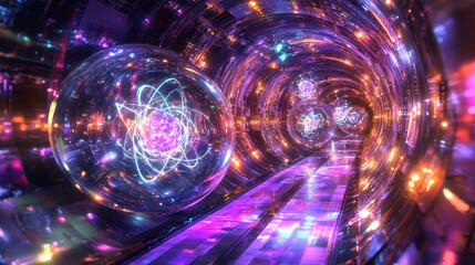 Poster - Atom 3d illustration. Neon light and ultraviolet. Inside spacecraft. Fantastic tunnel and cyberspace. Hadron Collider and Future Technologies
