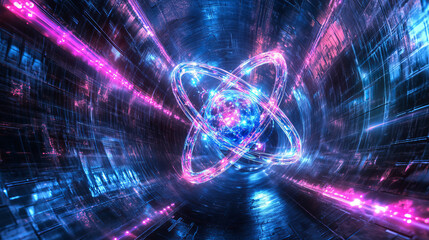 Poster - Atom 3d illustration. Neon light and ultraviolet. Inside spacecraft. Fantastic tunnel and cyberspace. Hadron Collider and Future Technologies