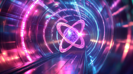 Poster - Atom 3d illustration. Neon light and ultraviolet. Inside spacecraft. Fantastic tunnel and cyberspace. Hadron Collider and Future Technologies