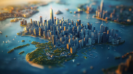 Poster - Technological innovation. Map of continents with points of largest agglomerations. HUD element. 3d illustration with shallow depth of field