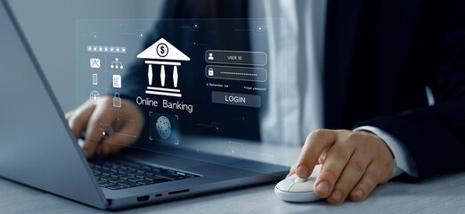 Poster - Online banking and digital technology. Financial digital innovation technology. Finance and banking networking. Customer network connection and cyber security
