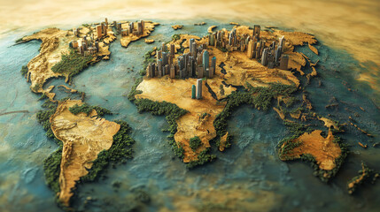 Poster - Planet map and cyberspace. Technological innovation. Map of continents with points of largest agglomerations. 3d illustration with shallow depth of field