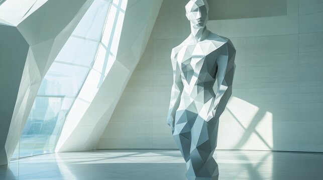 Human Statue with Geometric Style, abstractly shaped, in a modern exhibition hall
