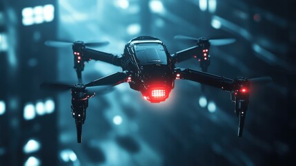 Poster - AI-Driven Surveillance Drone with Futuristic Interface and Glowing Blue Light