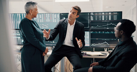 Poster - People, meeting and talk with computer screen for trading, stock market and finance advice. Manager, team and discussion with investment planning, cryptocurrency and revenue results of profit growth