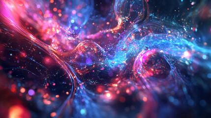Poster - Layers intertwined in a ball of innovation. Flowing rays from depths of abstract concepts. 3D illustration of neon lights with a fluid stream of frosty emotions