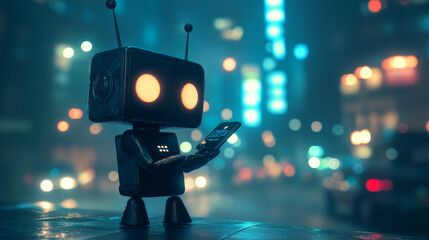 Poster - Chat Bot, smart assistant, smart home, internet technologies and mobile devices. 3D illustration of a mini robot in media cyberspace