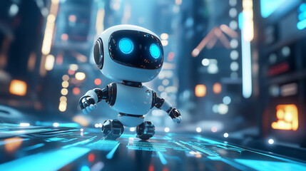 Poster - Chat Bot, smart assistant, smart home, internet technologies and mobile devices. 3D illustration of a mini robot in media cyberspace