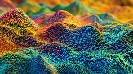 Poster - wavy field, lines with a digital code. digital structure, big data concept 3d illustration. coded da