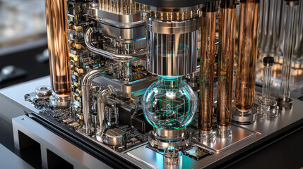 Poster - Motherboard, processor, CPU, quantum computer 3D illustration. High tech and cyber technology in global digital space. Innovation and technological breakthrough