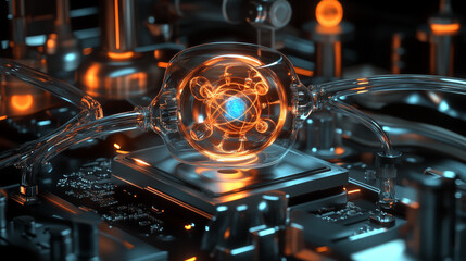 Poster - Motherboard, processor, CPU, quantum computer 3D illustration. High tech and cyber technology in global digital space. Innovation and technological breakthrough
