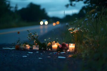 Wall Mural - Roadside Memorial at Motorcycle Accident Site at Dusk  