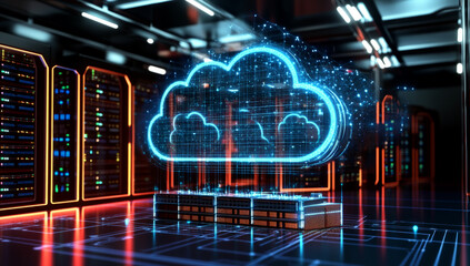Aufkleber - 3D render of a cloud computing and data center with server racks, a technology background, 