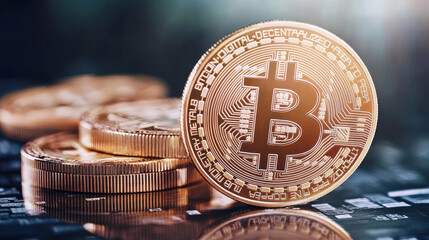 Poster - Bitcoin 3D illustration. Futuristic concept of mining cryptocurrency. Money in cyberspace