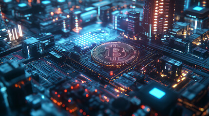 Poster - Bitcoin 3D illustration. Futuristic concept of mining cryptocurrency