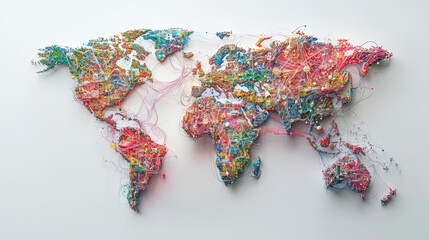 Poster - Map of continents, high-tech 3D illustration. Globalization of communications, planetary network, analytics of world trends. Big data cyberspace