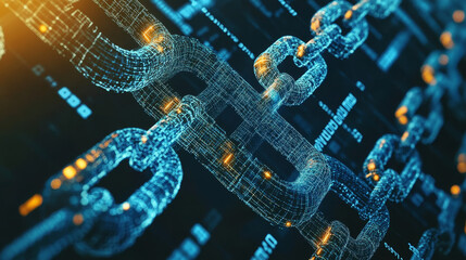 Poster - Blockchain technology. Information blocks in cyberspace. Decentralized network. 3D illustration on a technological background.