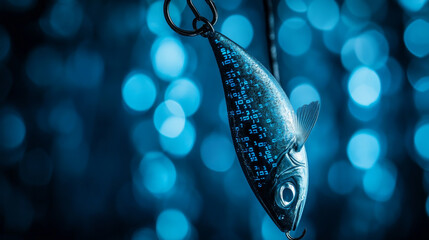 Poster - illustration of fish with bait message on blue background and binary code, this design is based on Phishing concept, cyber crime