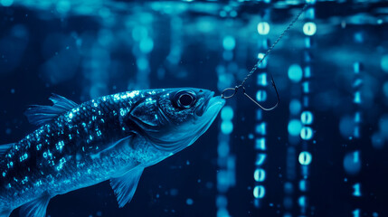 Poster - illustration of fish with bait message on blue background and binary code, this design is based on Phishing concept, cyber crime