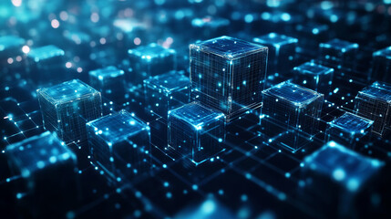 Poster - High technologies, internet, blockchain, big data. Digital contacts network, 3D illustration of polygonal, hexagonal mesh